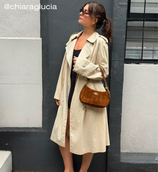Woman wearing beige trench coat with brown crossbody bag, standing against a wall wearing sunglasses.